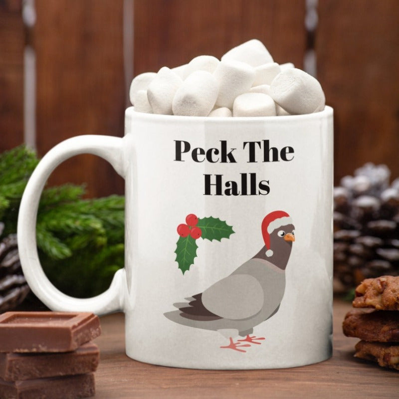 Tailorly White Ceramic 11 oz Mug - Peck The Halls Festive Pigeon Wearing A Red Santa Hat Near Green Holly Leaves Pigeon