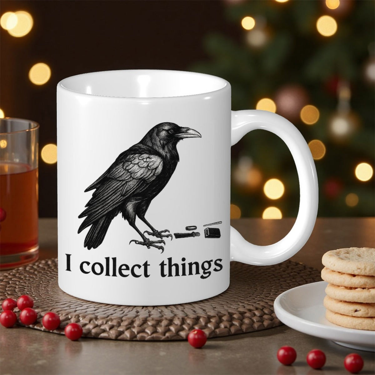 Tailorly White Ceramic 11 oz Mug - I Collect Things Detailed Dark Raven Feathers Standing Among Small Found Objects Crow