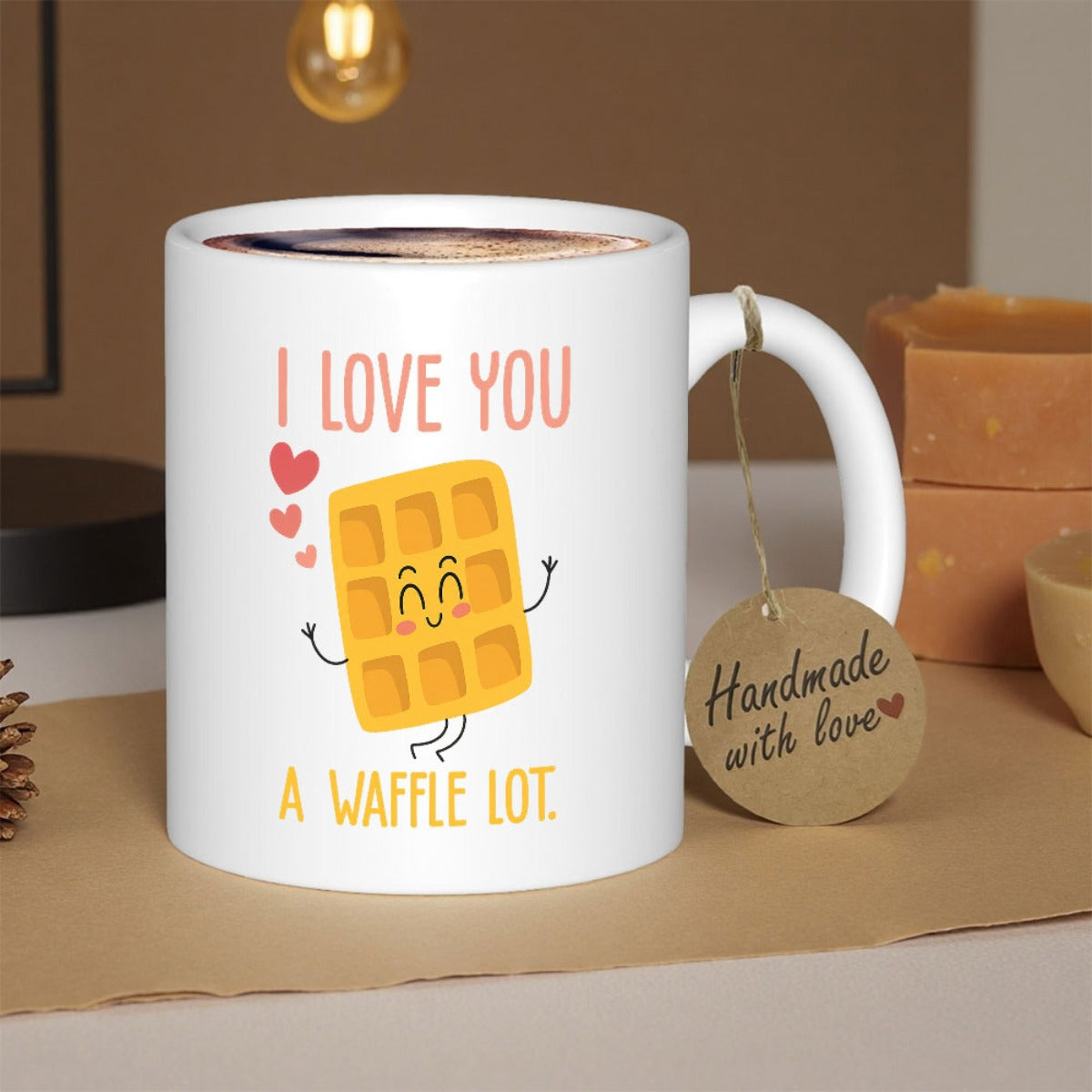 Tailorly White Ceramic 11 oz Mug - I Love You A Waffle Lot Cheerful Smiling Yellow Waffle Character Dancing Among Floating Red Hearts Waffle