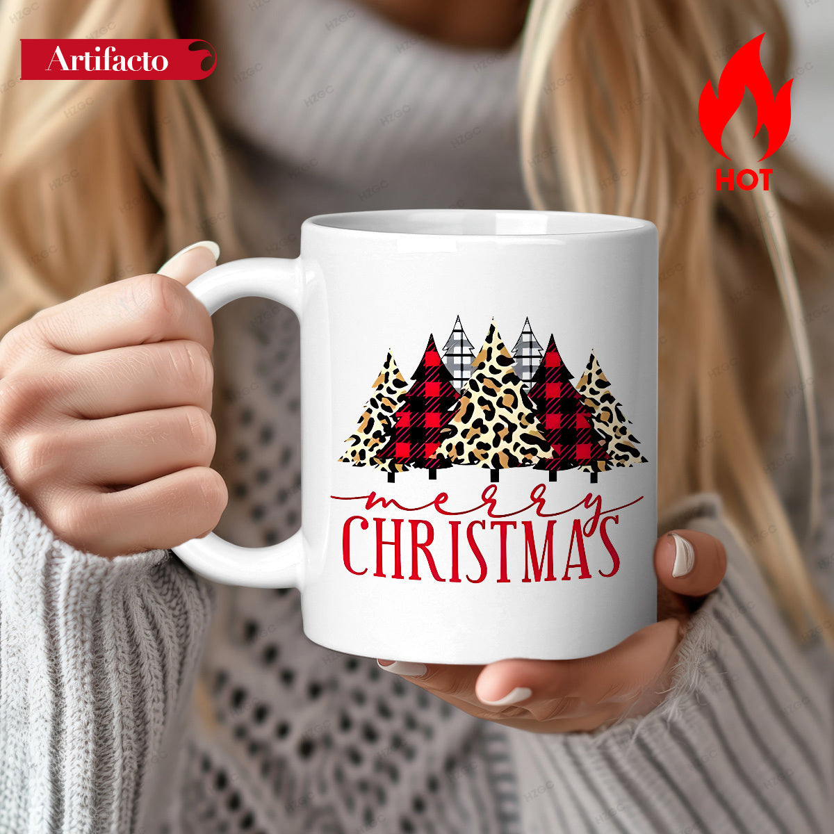 Tailorly White Ceramic 11 oz Mug - Merry Christmas Festive Trees With Red Buffalo Plaid And Leopard Print Pattern Christmas Tree
