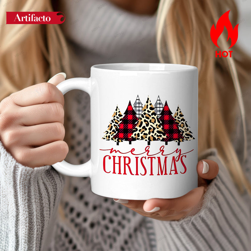 Tailorly White Ceramic 11 oz Mug - Merry Christmas Festive Trees With Red Buffalo Plaid And Leopard Print Pattern Christmas Tree