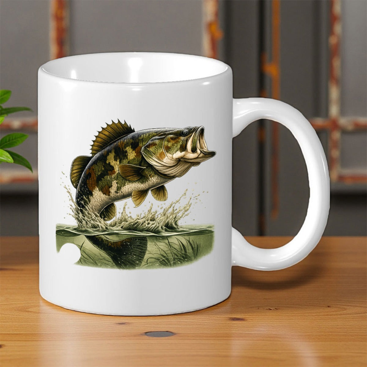 Tailorly White Ceramic 11 oz Mug - Majestic Largemouth Bass Leaping From Rippling Water Among Lush Green Reeds Bass