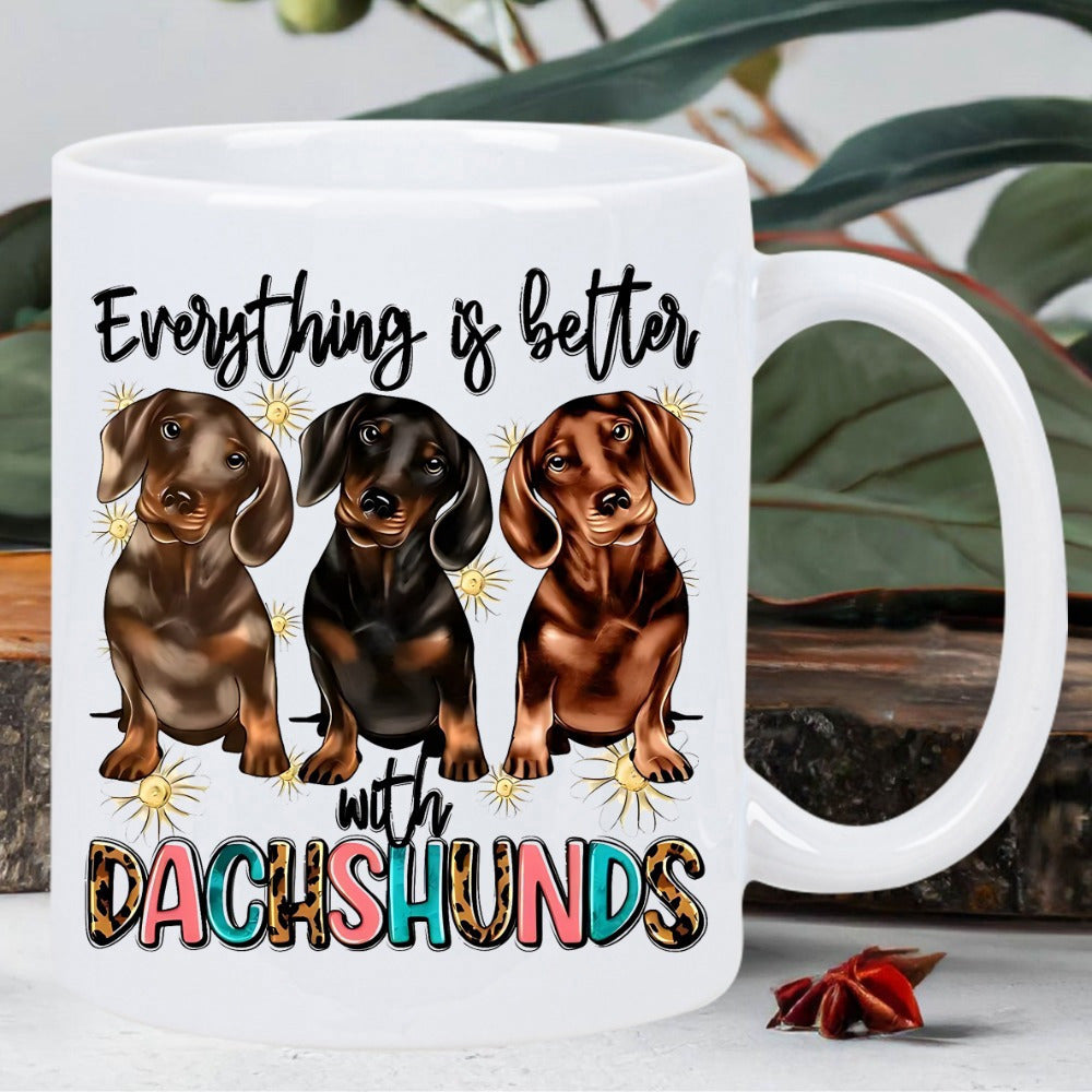 Tailorly White Ceramic 11 oz Mug - Everything Is Better With Dachshunds Three Adorable Puppies Sitting Together With Little Golden Sparkles Dachshund