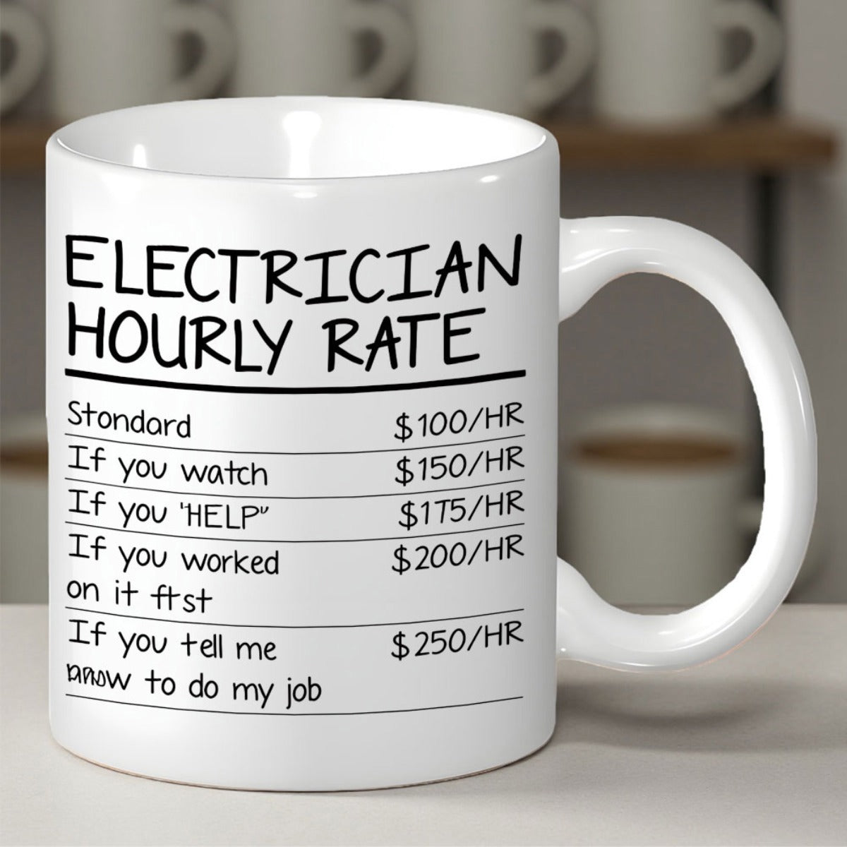 Tailorly White Ceramic 11 oz Mug - Electrician Hourly Rate Minimalist White Ceramic With Bold Black Humorous Text List Mug