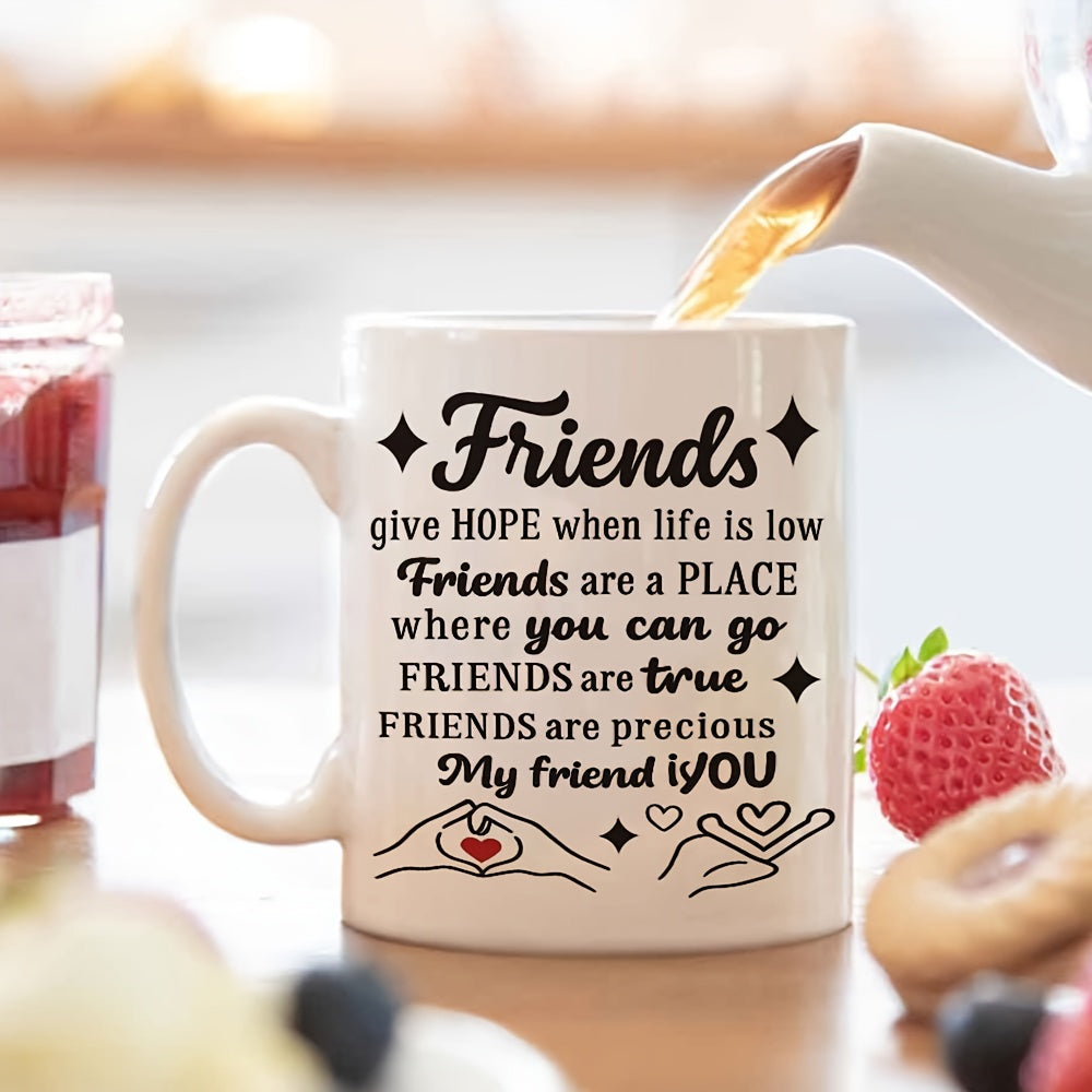 Tailorly White Ceramic 11 oz Mug - Friends Give Hope When Life Is Low Minimalist Black Ink Illustrations With Heart Symbols And Twinkling Star Elements Mug