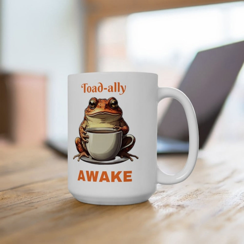 Tailorly White Ceramic 11 oz Mug - Toad-ally Awake Realistic Brown Amphibian Holding Small White Coffee Cup Peacefully Sitting Toad
