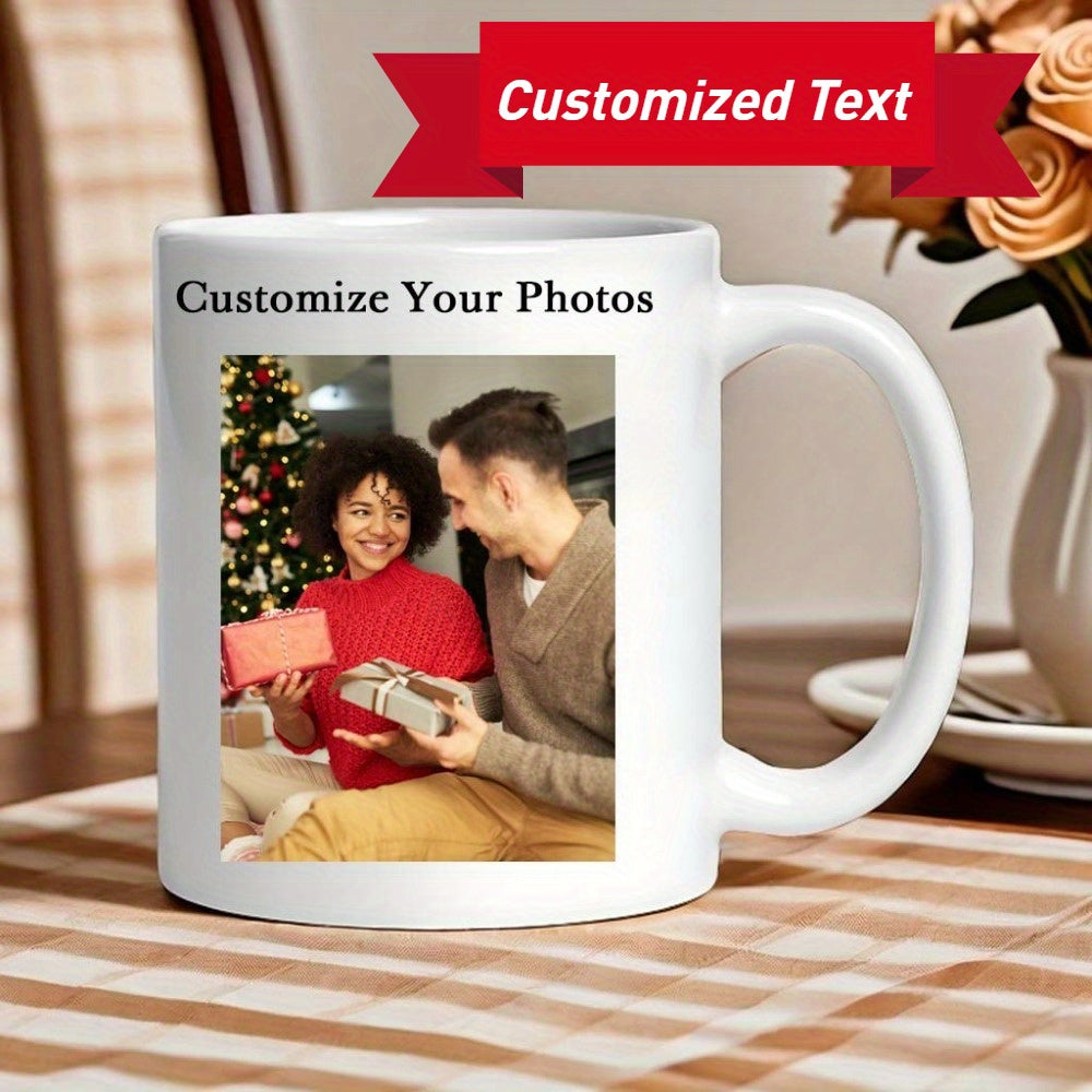 Tailorly White Ceramic 11 oz Mug - Customize Your Photos Happy Couple Exchanging Holiday Gifts Under A Decorated Glowing Christmas Mug