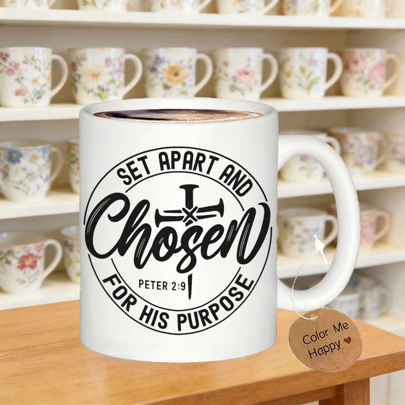 Tailorly White Ceramic 11 oz Mug - Set Apart And Chosen For His Purpose Peter 2 9 Circular Emblem With Three Nails Creating A Religious Cross Mug