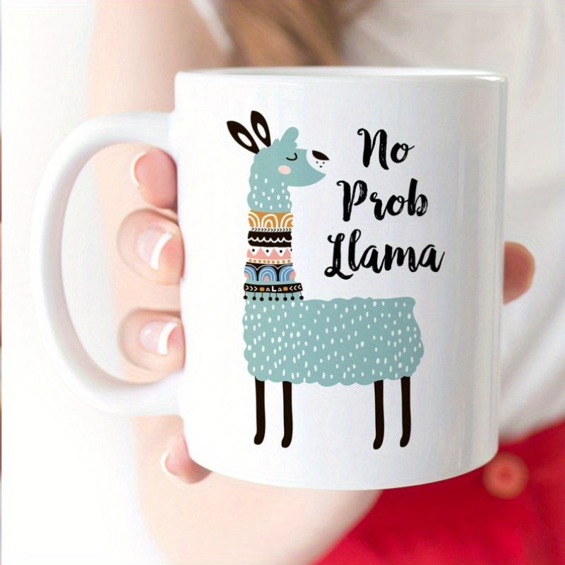 Tailorly White Ceramic 11 oz Mug - No Prob Llama Charming Blue Textured Body With Colorful Bohemian Patterned Necklaces Llama