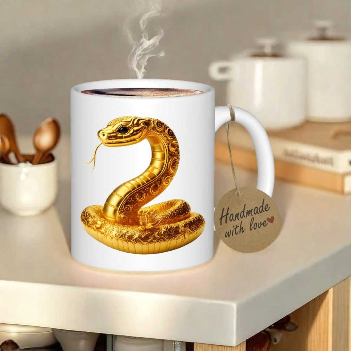 Tailorly White Ceramic 11 oz Mug - Handmade With Love Glistening Metallic Golden Coiled Serpent With Intricate Scale Details Snake