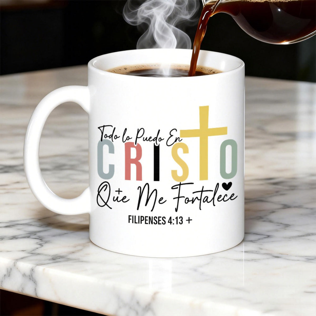 Tailorly White Ceramic 11 oz Mug - Colorful Artistic Text Graphics Featuring A Golden Religious Cross