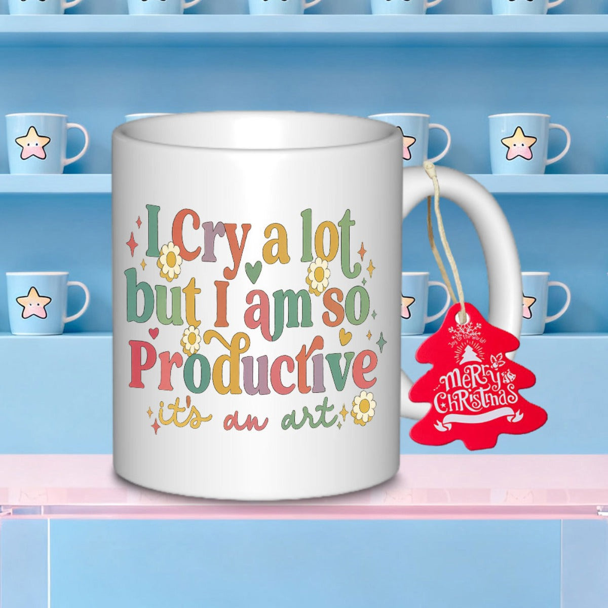 Tailorly White Ceramic 11 oz Mug - I Cry A Lot But I Am So Productive Its An Art Retro Vibrant Colorful Letters Featuring Delicate Small Floral Decorations And