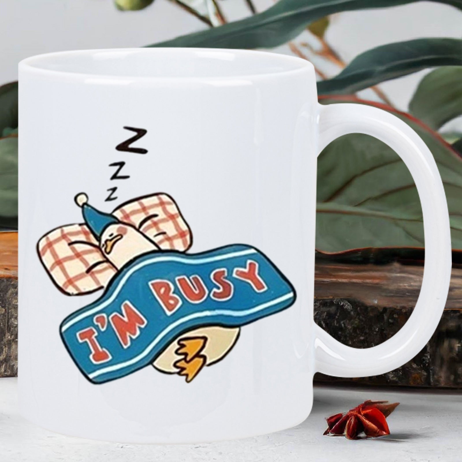 Tailorly White Ceramic 11 oz Mug - Im Busy Adorable Cartoon Duck Resting Comfortably On A Soft Checkered Pillow Duck