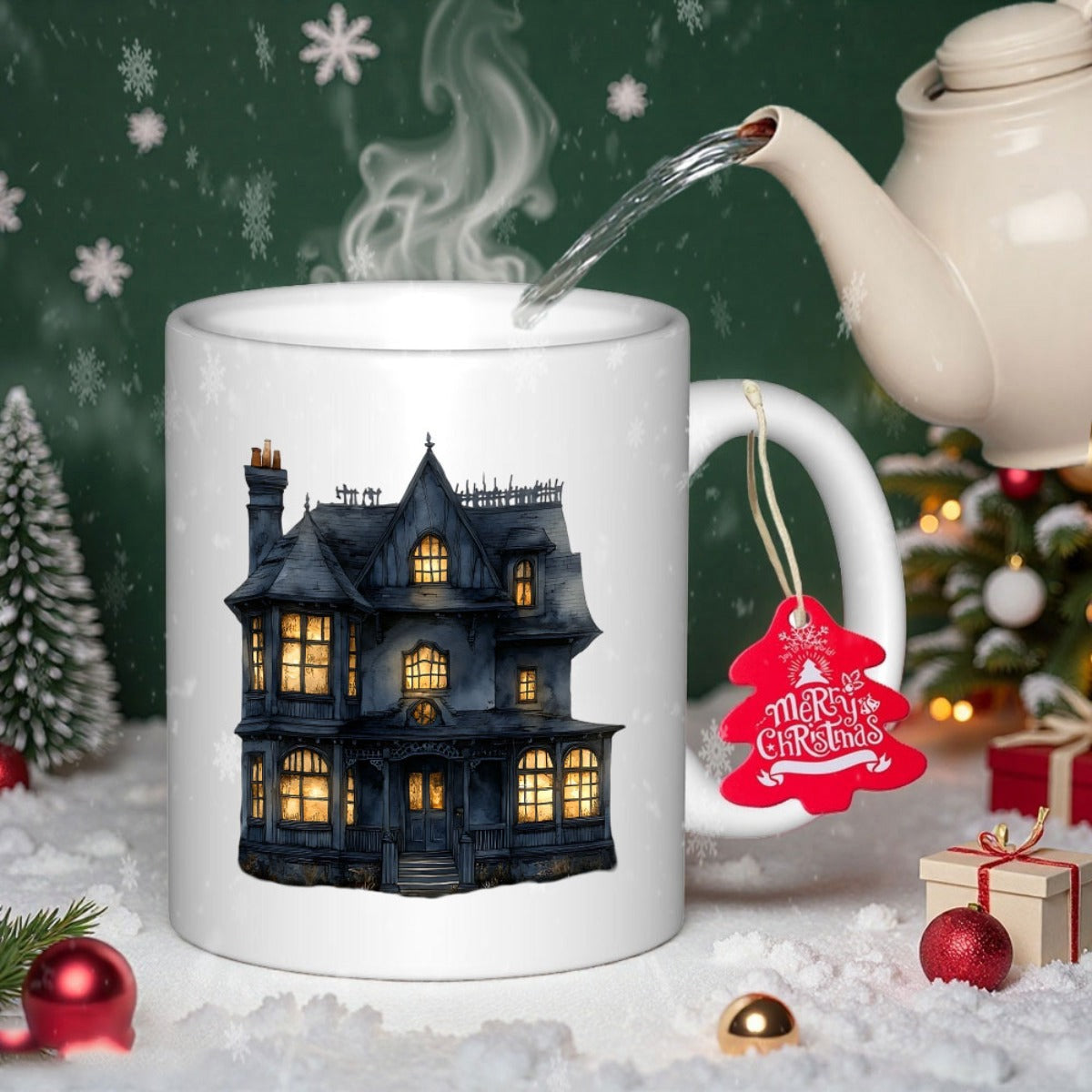Tailorly White Ceramic 11 oz Mug - Merry Christmas Dark Victorian Gothic Architecture Featuring Glowing Windows In Winter House