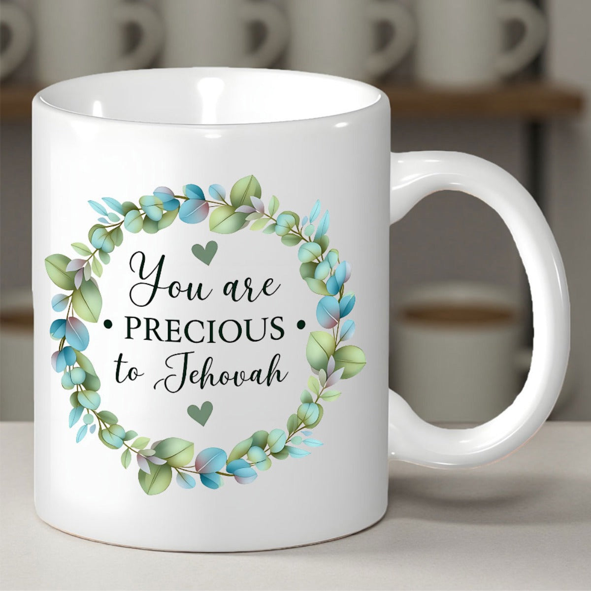 Tailorly White Ceramic 11 oz Mug - You Are Precious To Jehovah Delicate Watercolor Green Leaves Forming A Circular Decorative Floral Wreath