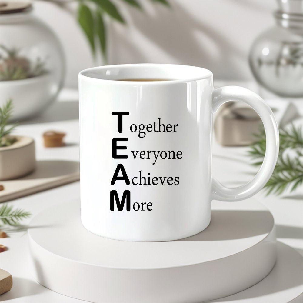 Tailorly White Ceramic 11 oz Mug - Together Everyone Achieves More Polished Ceramic Surface With Bold Black Motivational Vertical Acronym Letters Mug