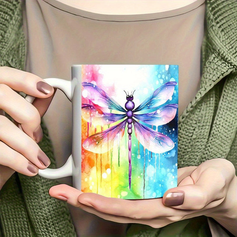 Tailorly White Ceramic 11 oz Mug - Vibrant Watercolor Style With Colorful Rainbow Splashes Surrounding A Delicate Wings Dragonfly