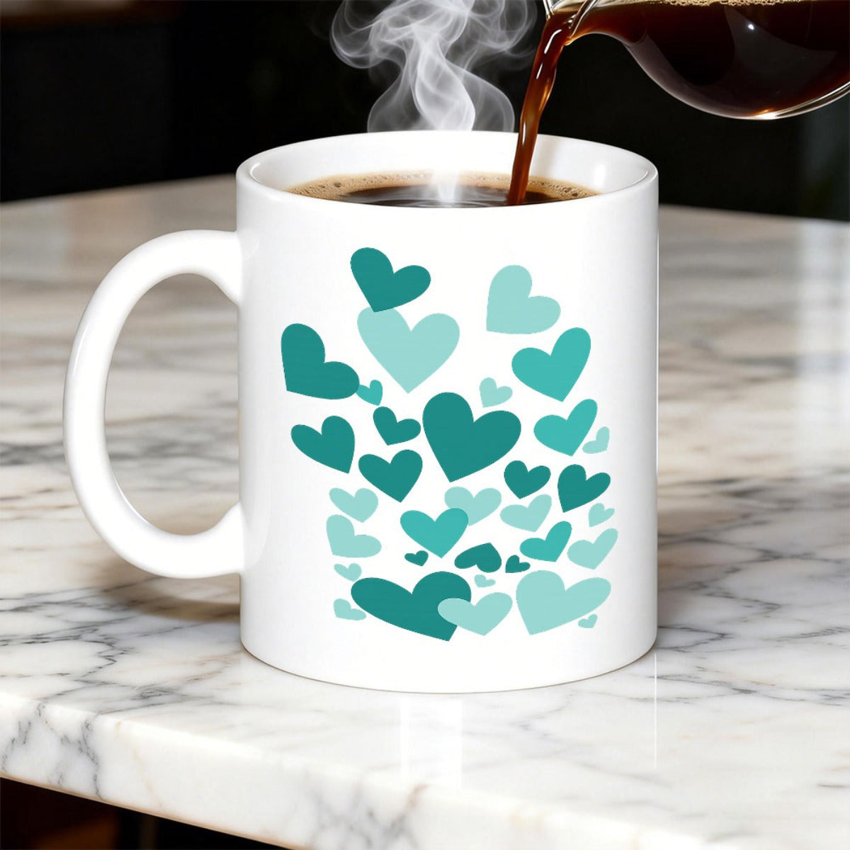 Tailorly White Ceramic 11 oz Mug - Various Teal And Turquoise Hearts Floating Gently In A Clustered Pattern Heart
