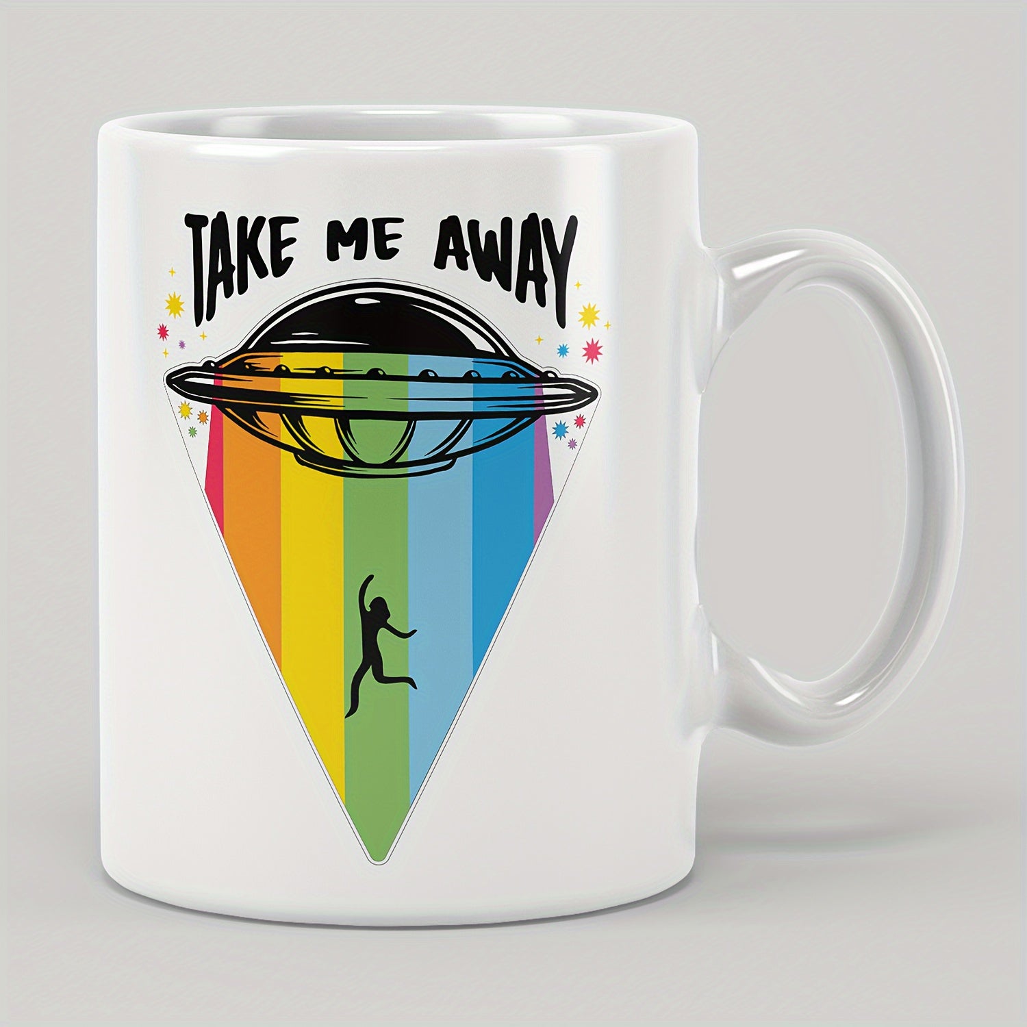 Tailorly White Ceramic 11 oz Mug - Take Me Away Vibrant Rainbow Beam Shining From Metallic Saucer Towards Human Silhouette Ufo