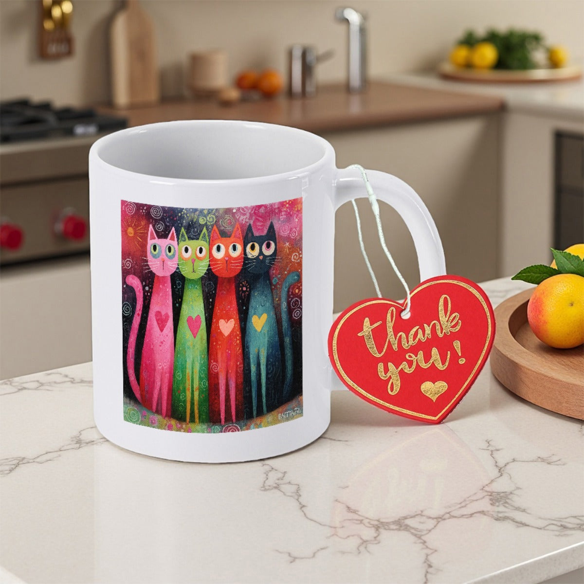 Tailorly White Ceramic 11 oz Mug - Thank You Four Whimsical Colorful Folk Art Felines Standing Among Vibrant Hearts Cats