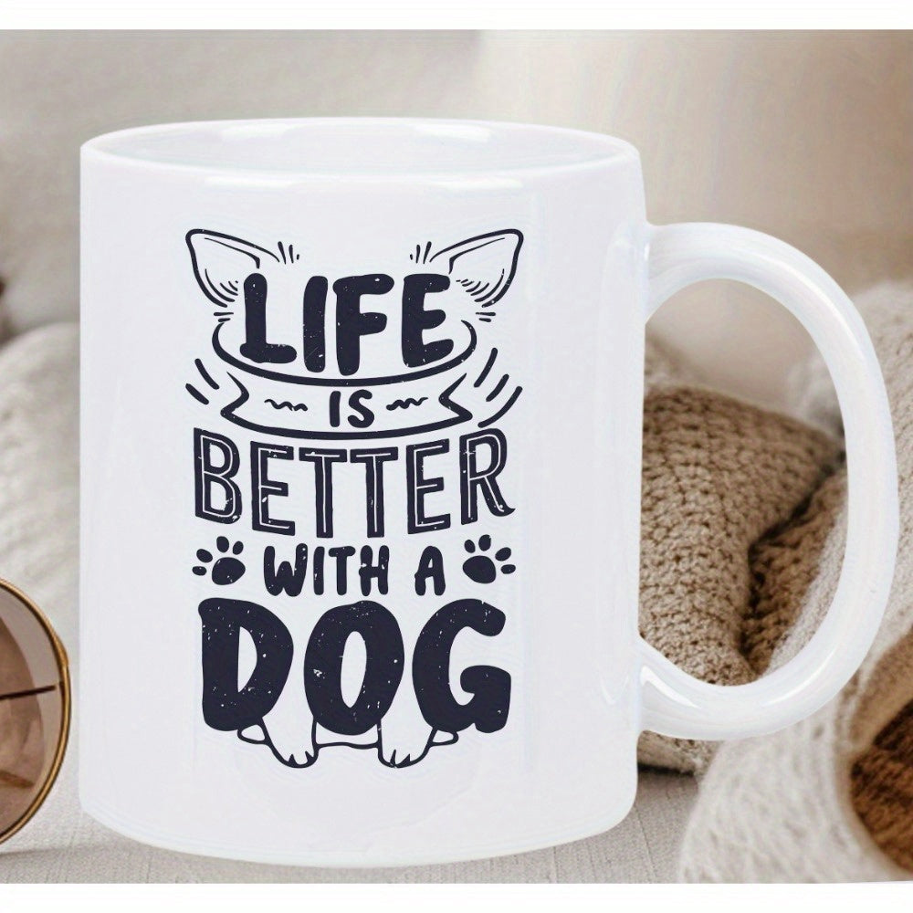 Tailorly White Ceramic 11 oz Mug - Life Is Better With A Dog Minimalist Paw Prints And Cute Stylized Ears Among Decorative Lines Dog