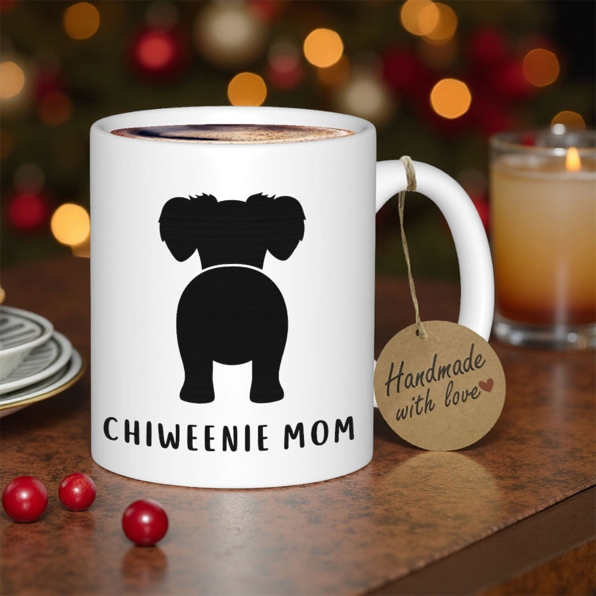 Tailorly White Ceramic 11 oz Mug - Chiweenie Mom Minimalist Black Dog Silhouette Sitting Peacefully On A Pure White Background Dog