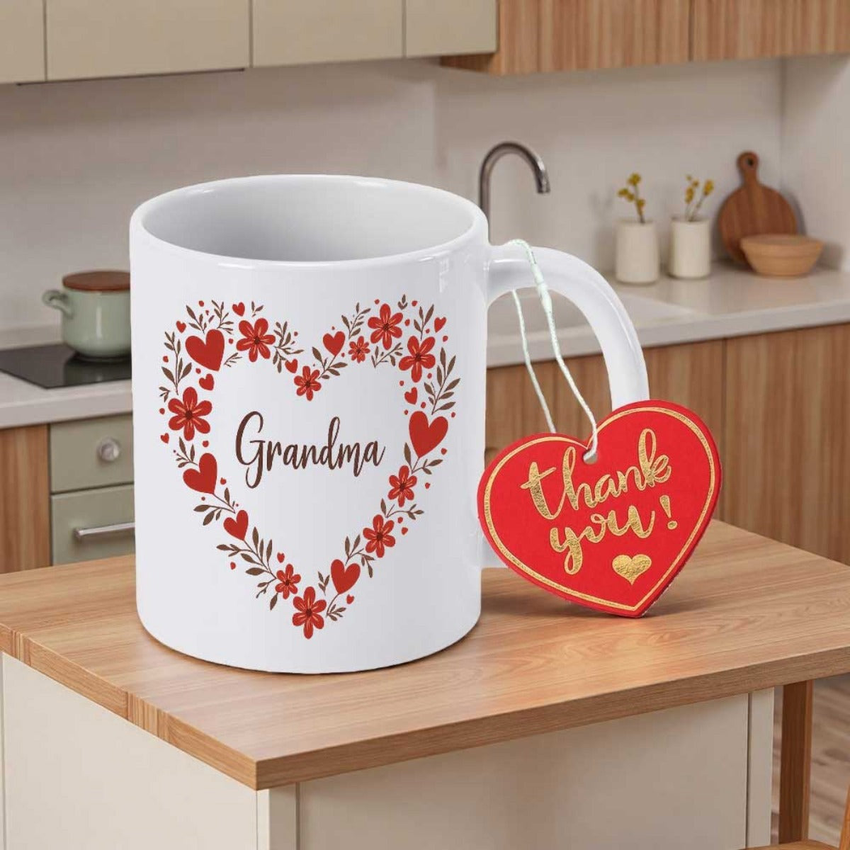 Tailorly White Ceramic 11 oz Mug - Grandma Thank You Elegant White Ceramic Featuring Red Floral Wreath Heart Pattern Mug