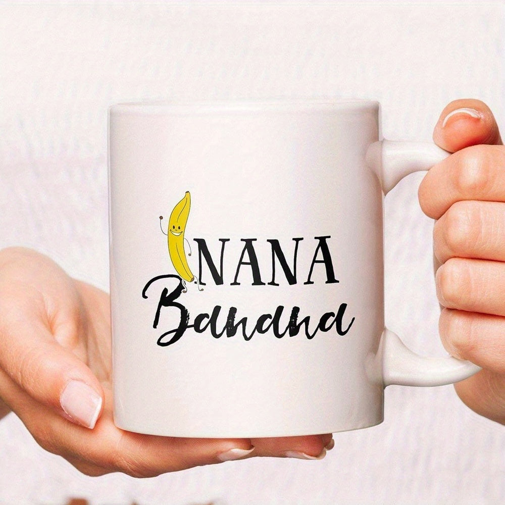 Tailorly White Ceramic 11 oz Mug - Nana Banana Happy Smiling Cartoon Fruit Character Waving Hand In Cheerful Playful Pose Banana