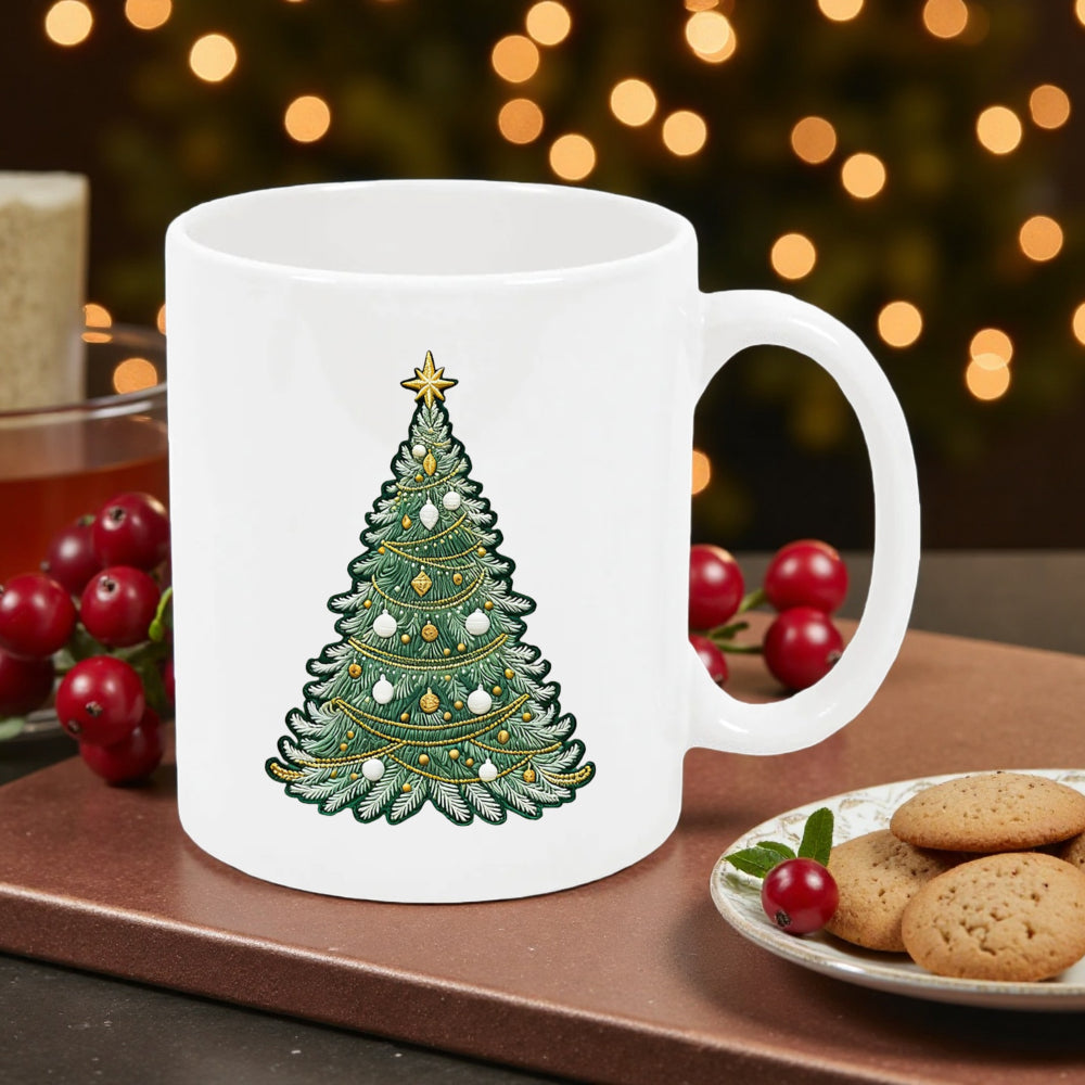 Tailorly White Ceramic 11 oz Mug - Elegant Evergreen Pine Decorated With Ornaments Under A Golden Star Christmas Tree