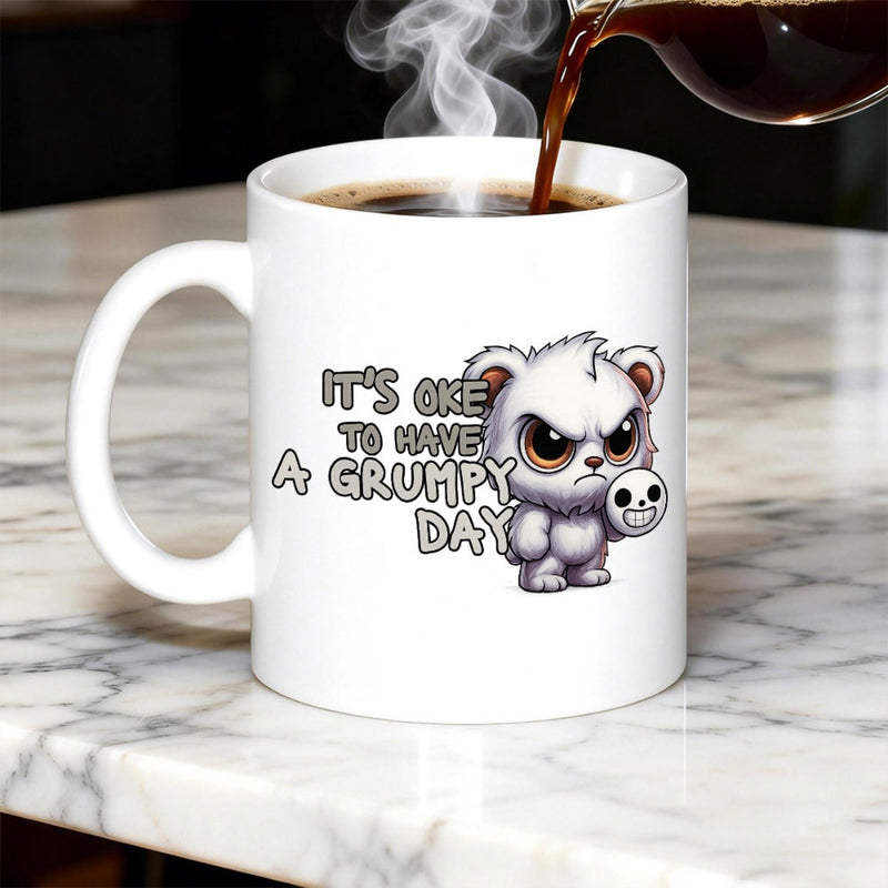Tailorly White Ceramic 11 oz Mug - Its Oke To Have A Grumpy Day Small Grumpy White Bear Holding A Mask In Fierce Pose Bear