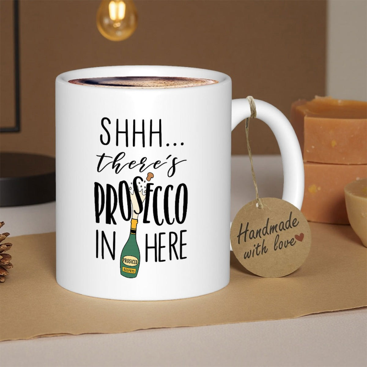 Tailorly White Ceramic 11 oz Mug - Shhh There Is Prosecco In Here Sparkling Wine Bottle With Popping Cork And Rising Bubbles Bottle