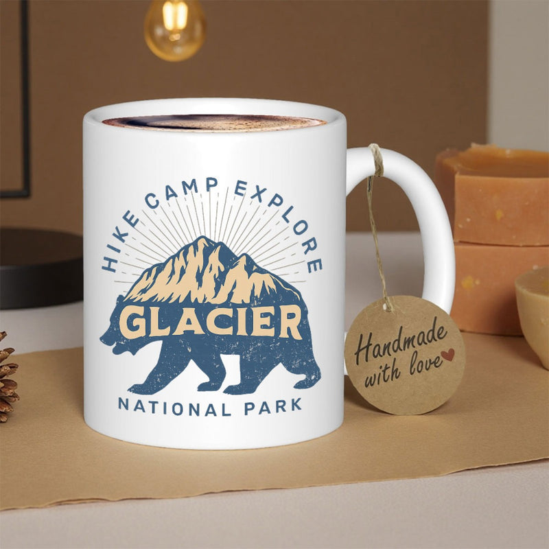 Tailorly White Ceramic 11 oz Mug - Hike Camp Explore Glacier National Park Rugged Mountain Peaks Within Silhouette Of Walking Grizzly Bear Bear