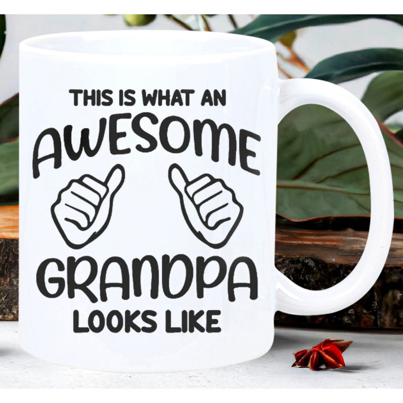 Tailorly White Ceramic 11 oz Mug - This Is What An Awesome Grandpa Looks Like Two Human Hands With Thumbs Pointing Inward Illustrating Family Pride Hands