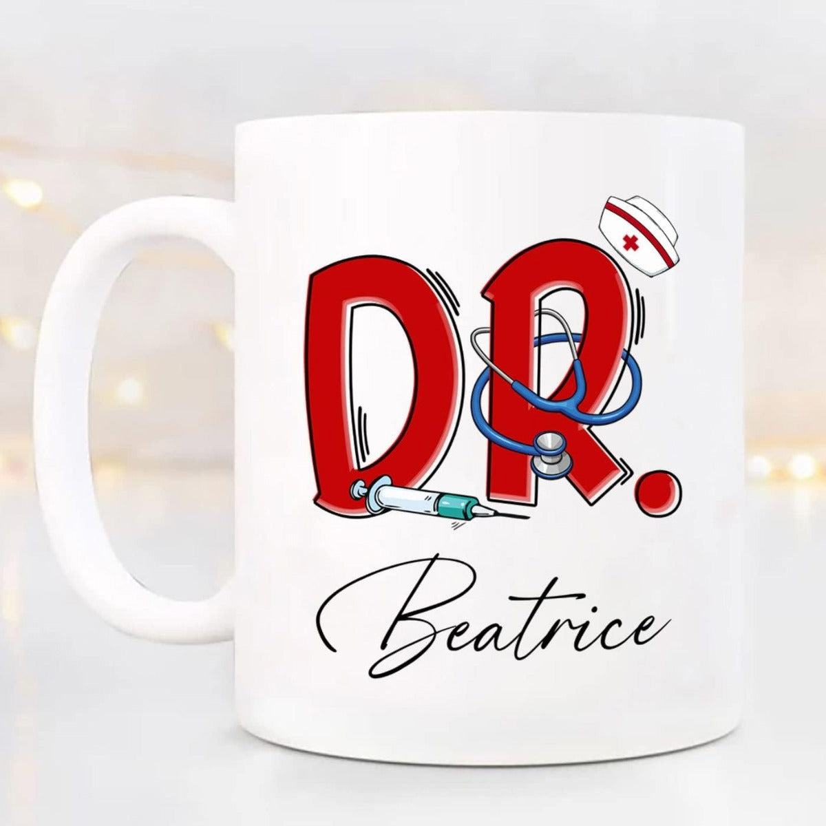 Tailorly White Ceramic 11 oz Mug - Dr Beatrice Professional Medical Symbols Featuring Stethoscope Syringe And Hat Design