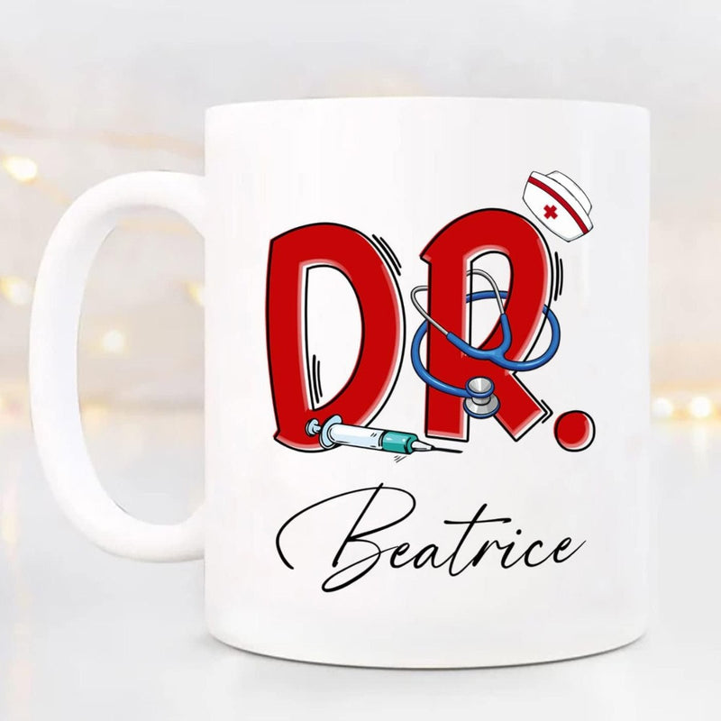 Tailorly White Ceramic 11 oz Mug - Dr Beatrice Professional Medical Symbols Featuring Stethoscope Syringe And Hat Design