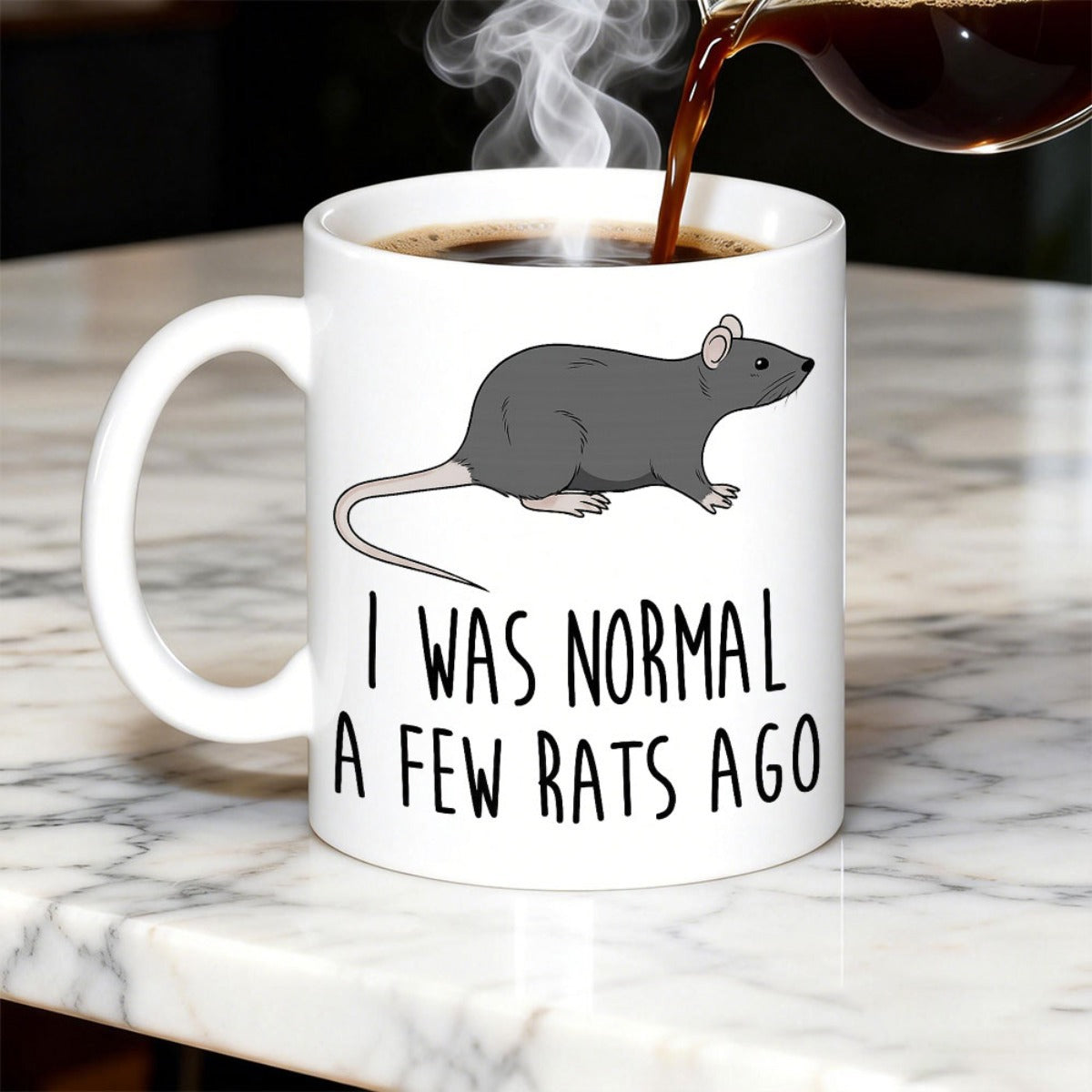 Tailorly White Ceramic 11 oz Mug - I Was Normal A Few Rats Ago Simple Grey Hand Drawn Rodent Resting On A Plain White Surface Rat