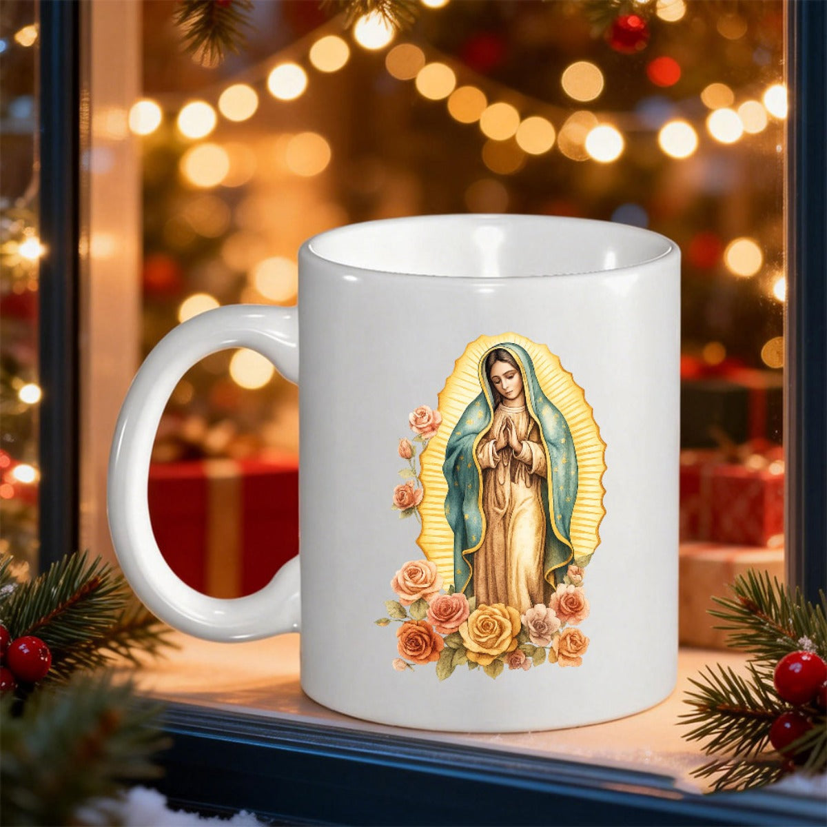 Tailorly White Ceramic 11 oz Mug - Beautiful Religious Icon With Golden Radiance Among Colorful Blooming Garden Roses Virgin