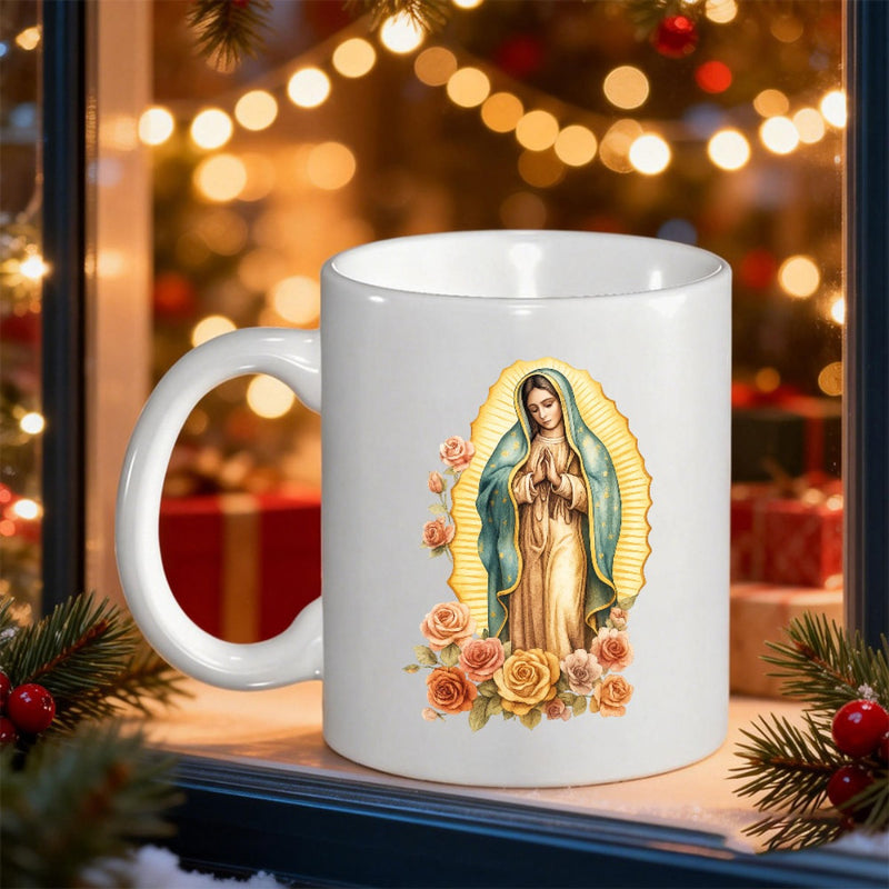 Tailorly White Ceramic 11 oz Mug - Beautiful Religious Icon With Golden Radiance Among Colorful Blooming Garden Roses Virgin