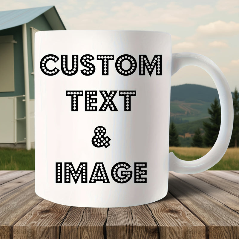 Tailorly White Ceramic 11 oz Mug - Custom Text Image Simple White Ceramic Vessel Resting Upon A Weathered Wooden Table Mug