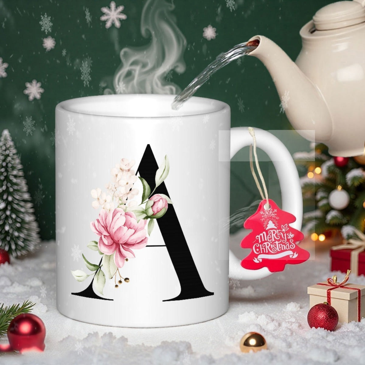 Tailorly White Ceramic 11 oz Mug - A Pink Peony Flowers And Delicate Greenery Decorating Bold Black Letter Monogram