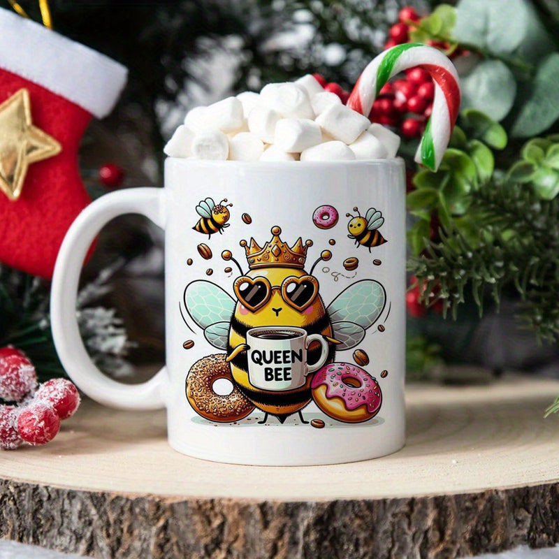 Tailorly White Ceramic 11 oz Mug - Queen Bee Adorable Crowned Character Drinking Coffee Surrounded By Delicious Glazed Donuts Bee