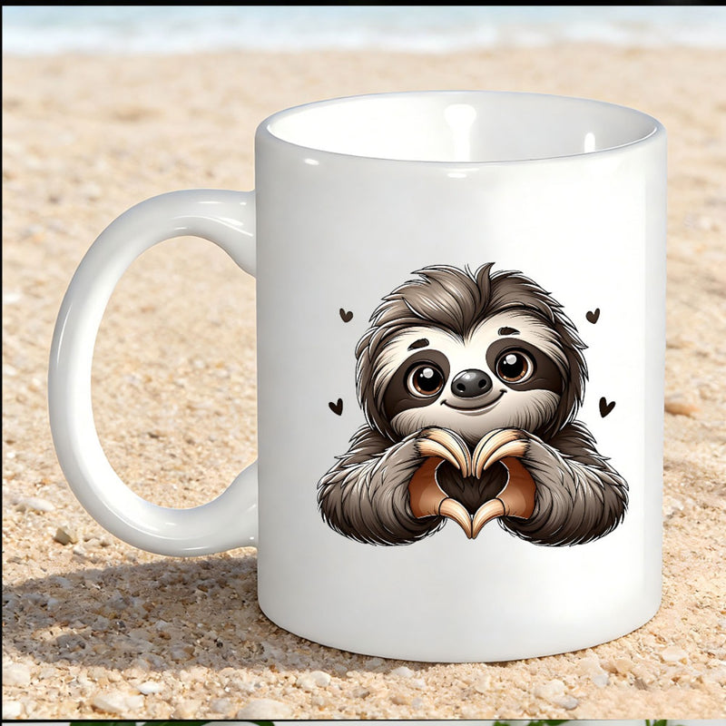 Tailorly White Ceramic 11 oz Mug - Adorable Furry Creature Making Heart Shape Gesture With Small Hearts Sloth