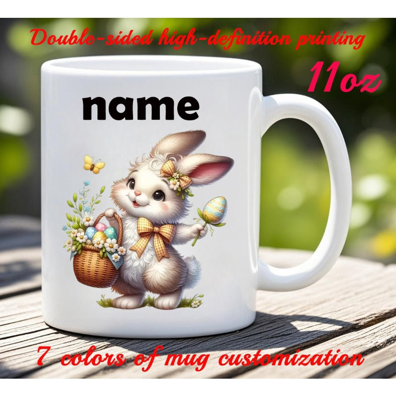 Tailorly White Ceramic 11 oz Mug - Name Adorable Fluffy Easter Bunny Holding Basket With Decorative Floral Elements Rabbit