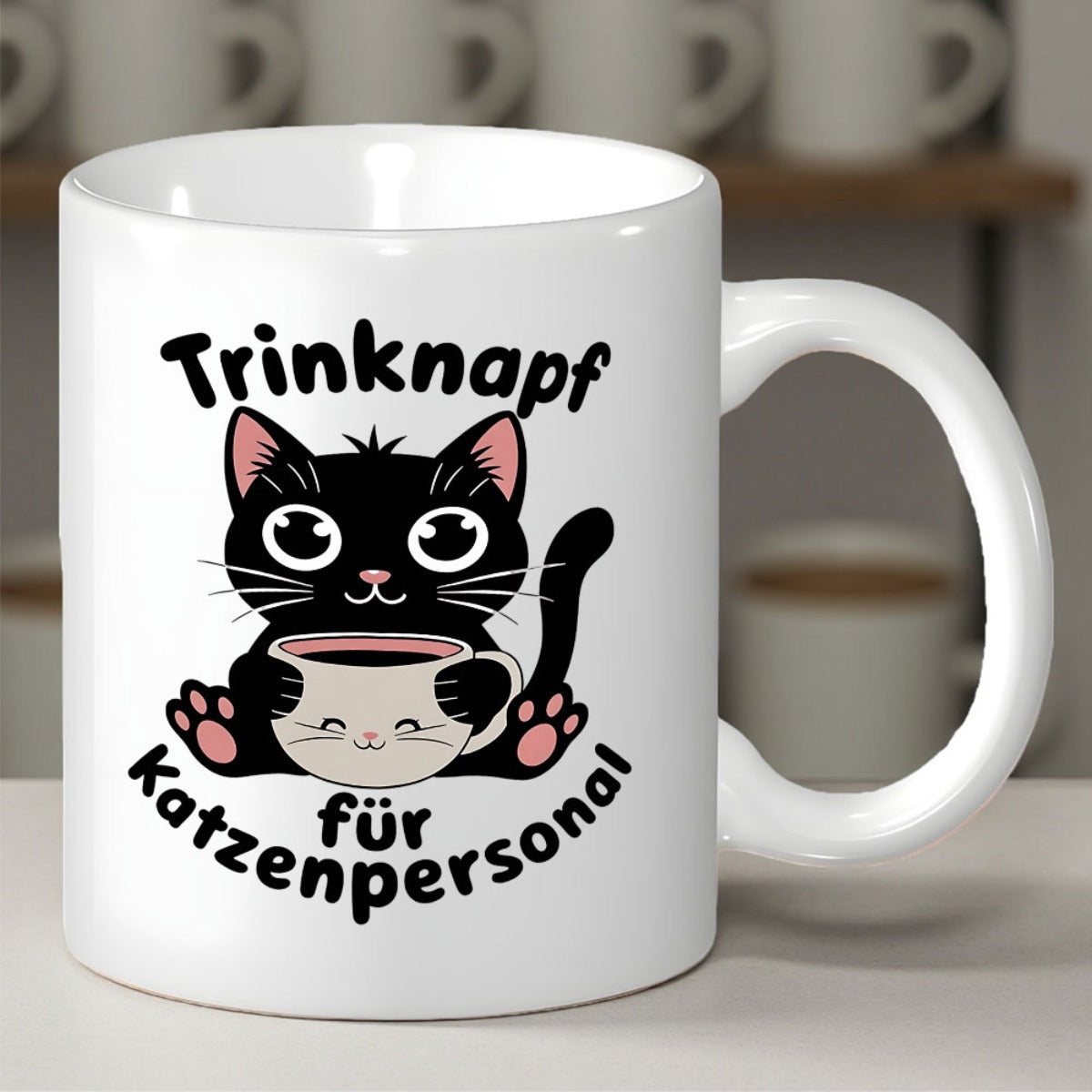 Tailorly White Ceramic 11 oz Mug - Cute Cartoon Black Kitten Holding A Tiny Coffee Cup Cat