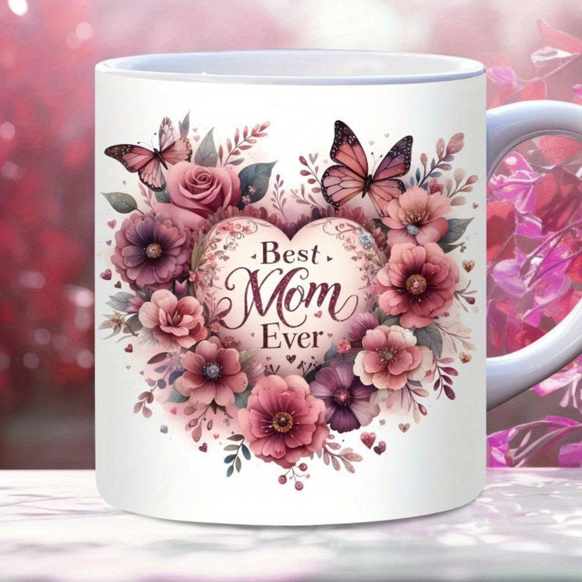 Tailorly White Ceramic 11 oz Mug - Best Mom Ever Blooming Pink Petals With Graceful Butterflies Decorative Heart
