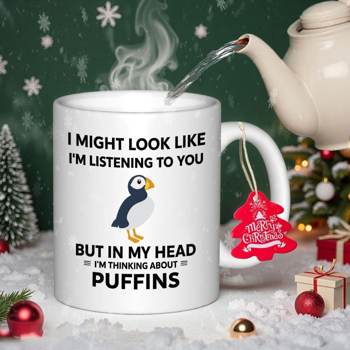 Tailorly White Ceramic 11 oz Mug - I Might Look Like Im Listening To You But In My Head Im Thinking About Puffins Adorable Small Bird With Orange Beak Standing On
