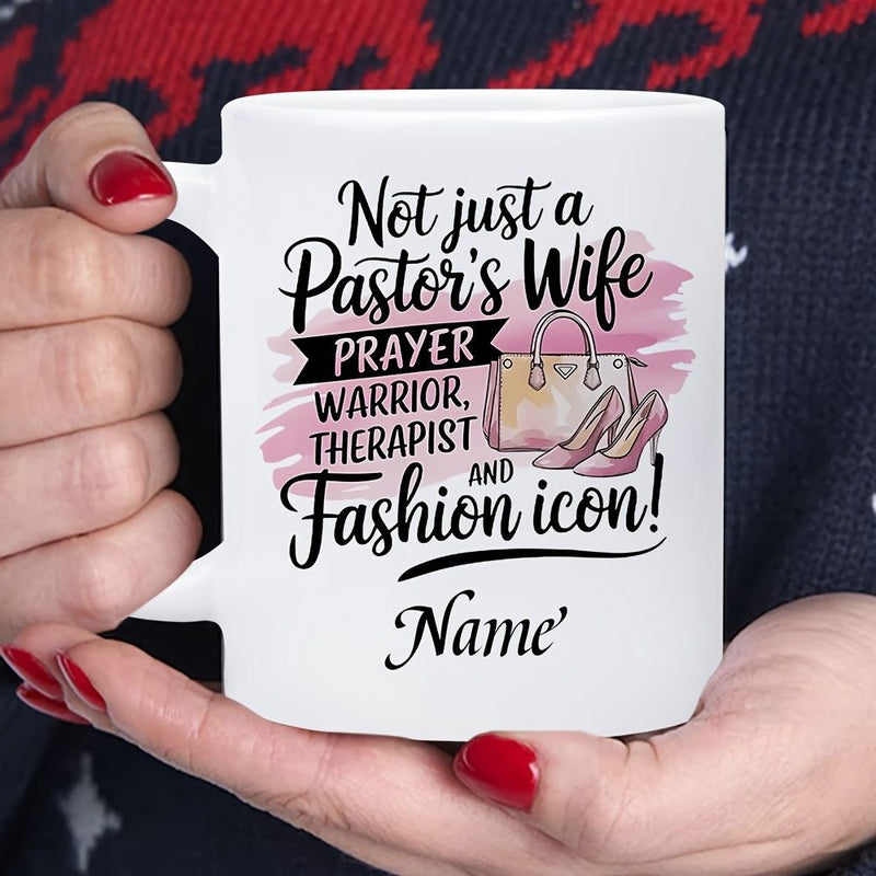 Tailorly White Ceramic 11 oz Mug - Not Just A Pastor Wife Prayer Warrior Therapist Fashion Icon Name Elegant Stylized Pink Watercolor Stroke With High Heels And