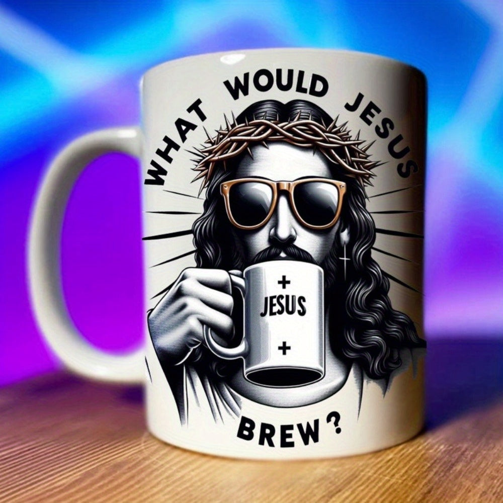 Tailorly White Ceramic 11 oz Mug - What Would Jesus Brew Jesus Modern Stylized Character Wearing Sunglasses And Crown Of Thorns Mug