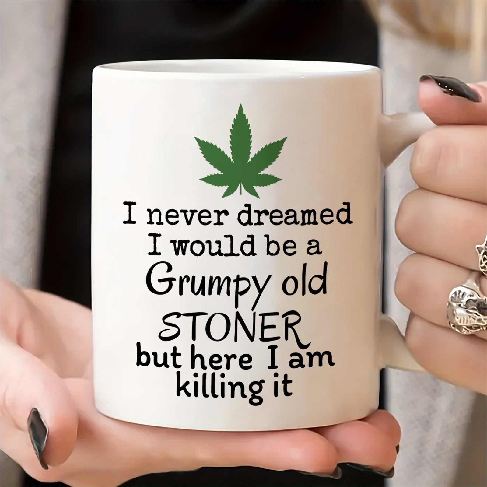 Tailorly White Ceramic 11 oz Mug - I Never Dreamed I Would Be A Grumpy Old Stoner But Here I Am Killing It Iconic Green Herbal Foliage Centered Above Bold Black