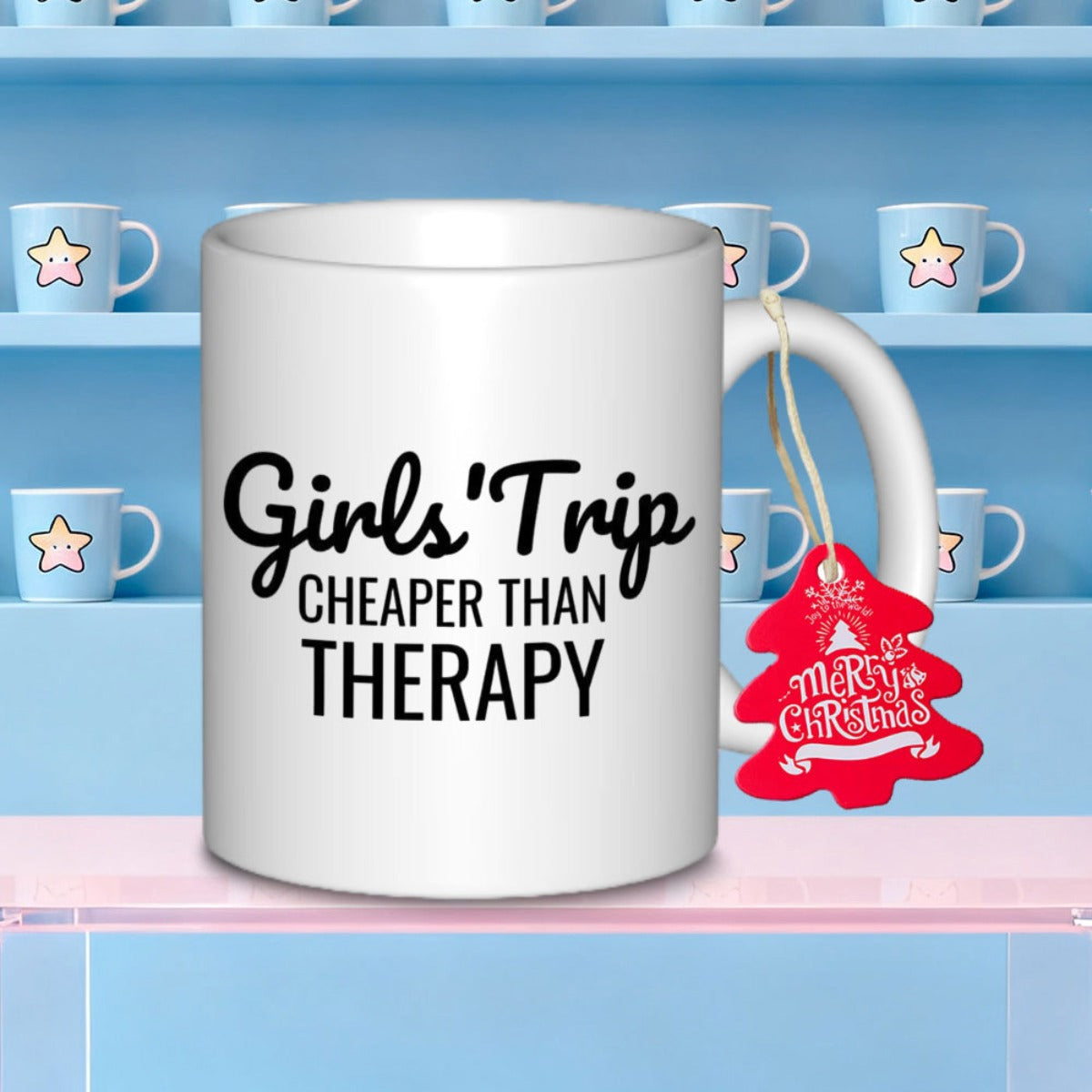 Tailorly White Ceramic 11 oz Mug - Girls Trip Cheaper Than Therapy Minimalist White Ceramic With Bold Black Artistic Typography Display Mug